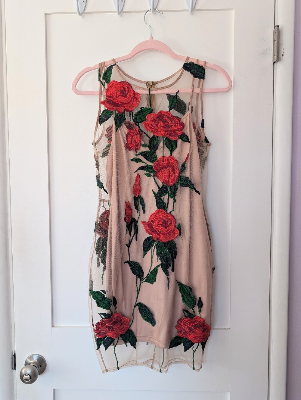 Floral Embroidered Sheer Overlay Dress — Nude with Red Roses